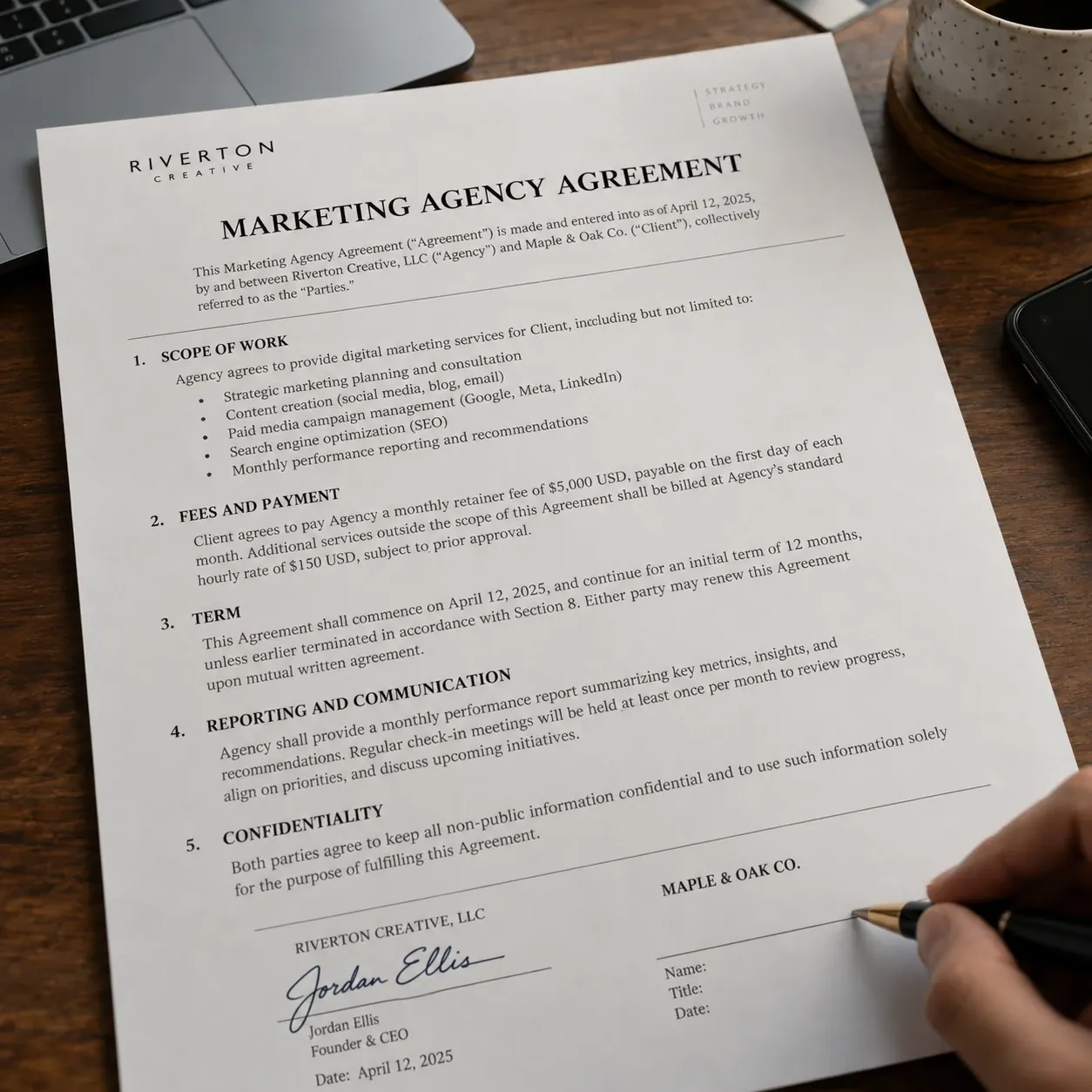 marketing agreement signing desk scene