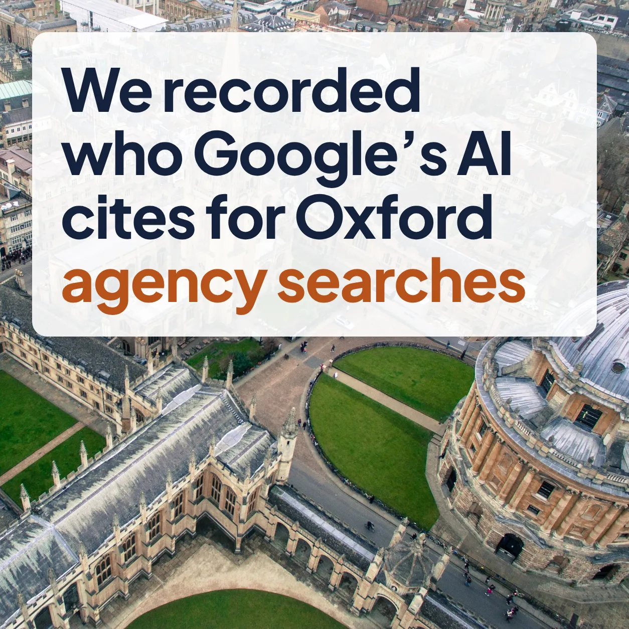 We recorded who Google’s AI cites for Oxford agency searches: the title over a view of Radcliffe Square in Oxford, from above